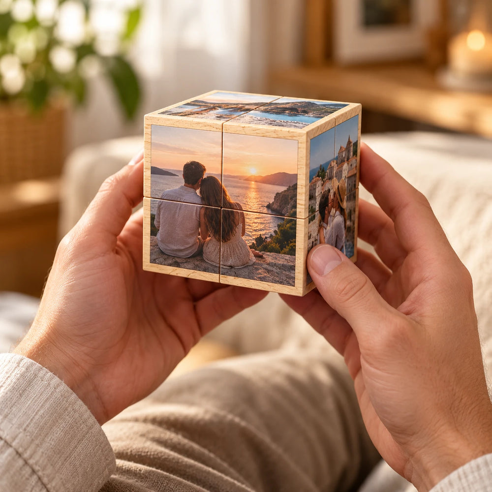 Hands holding the Bling Cube personalized photo cube showing a couple at sunset