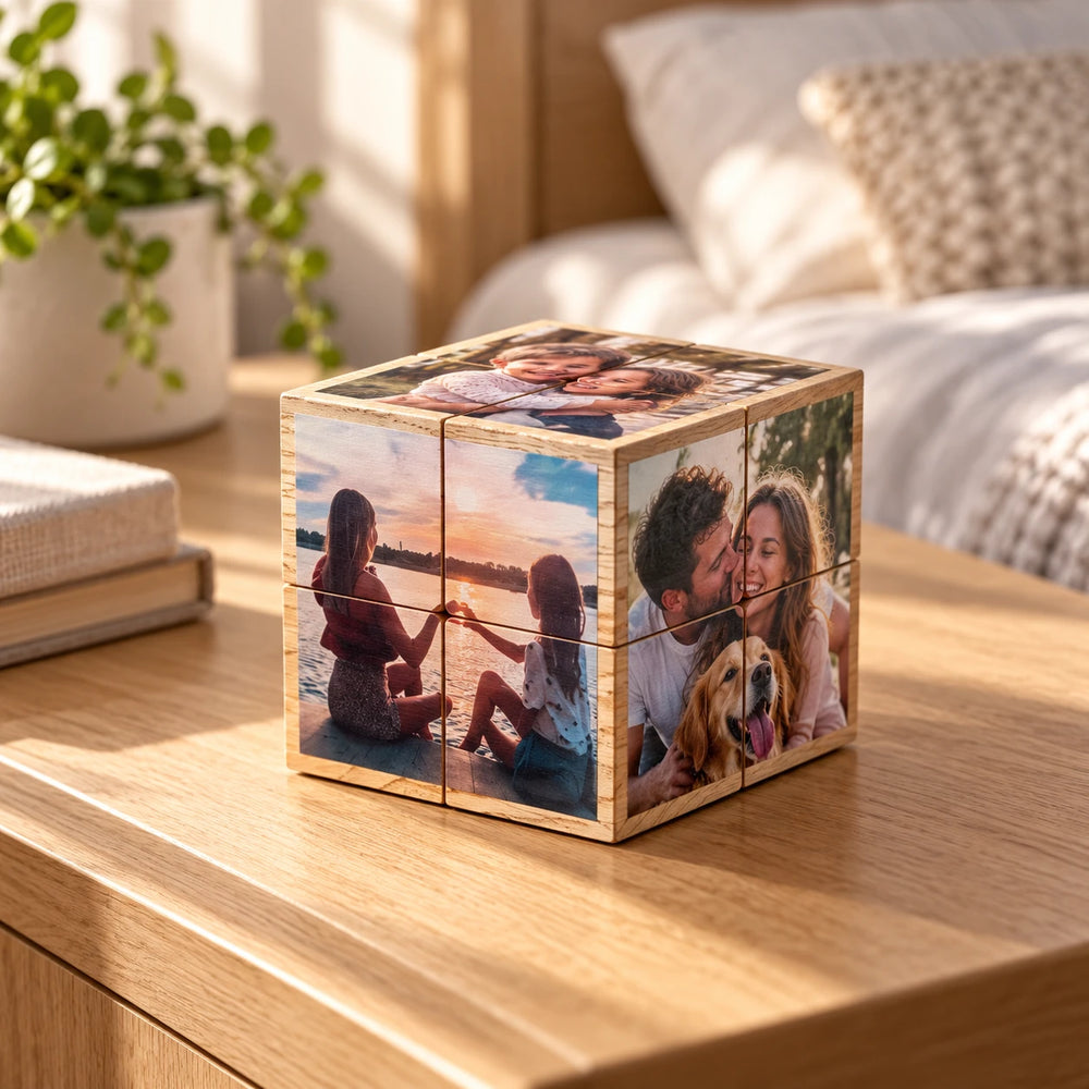 Bling Cube personalized photo cube with family and dog photos on a bedside table