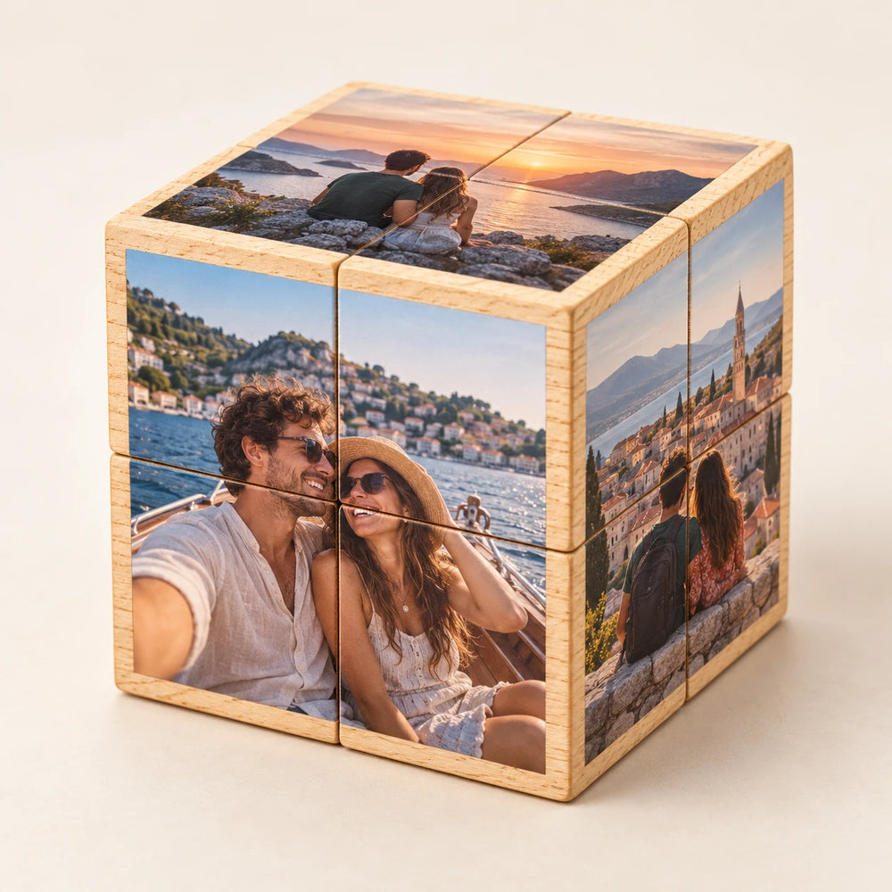 Bling Cube personalized wooden folding photo cube with couple's travel photos