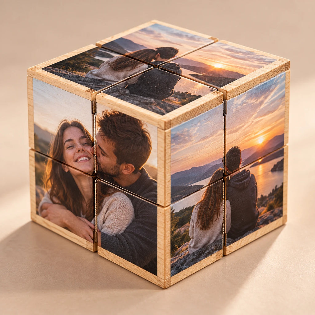 Bling Cube wooden folding photo cube with romantic sunset couple photos