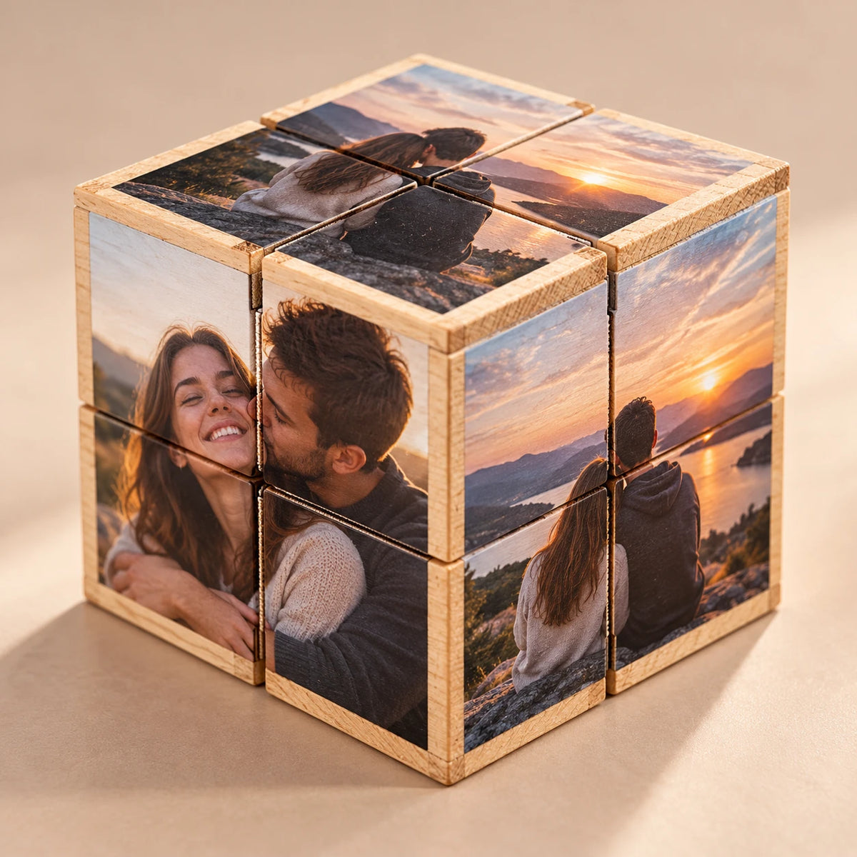 Bling Cube wooden folding photo cube with romantic sunset couple photos